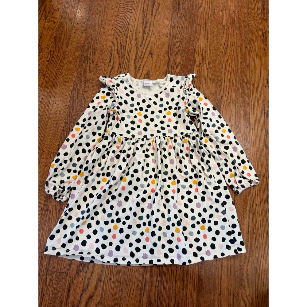 Hanna Andersson Girls Polka Dot Ruffle Shoulder Long Sleeve Dress Cream Size 6-7